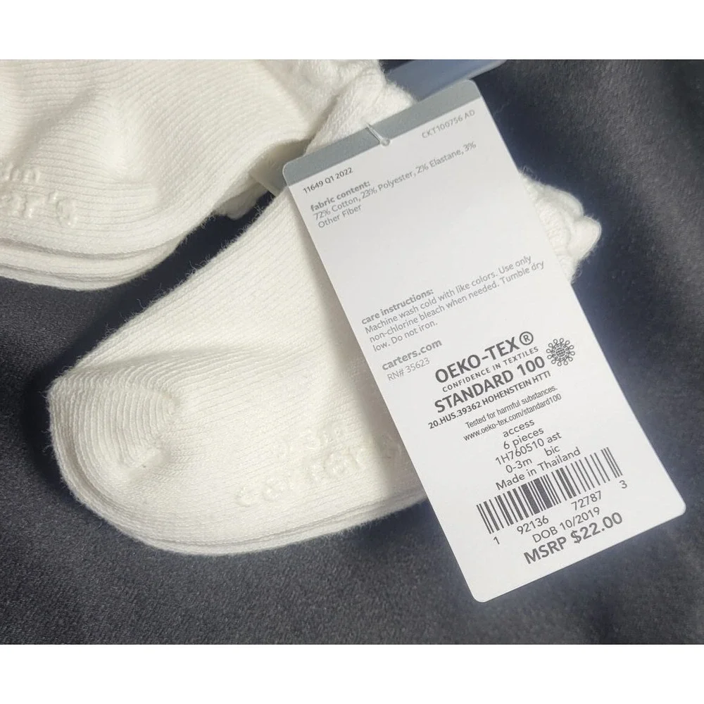 Carters‎ Oeko-Tex 6 Pack Crew Socks - White - Baby Size 0-3 Months